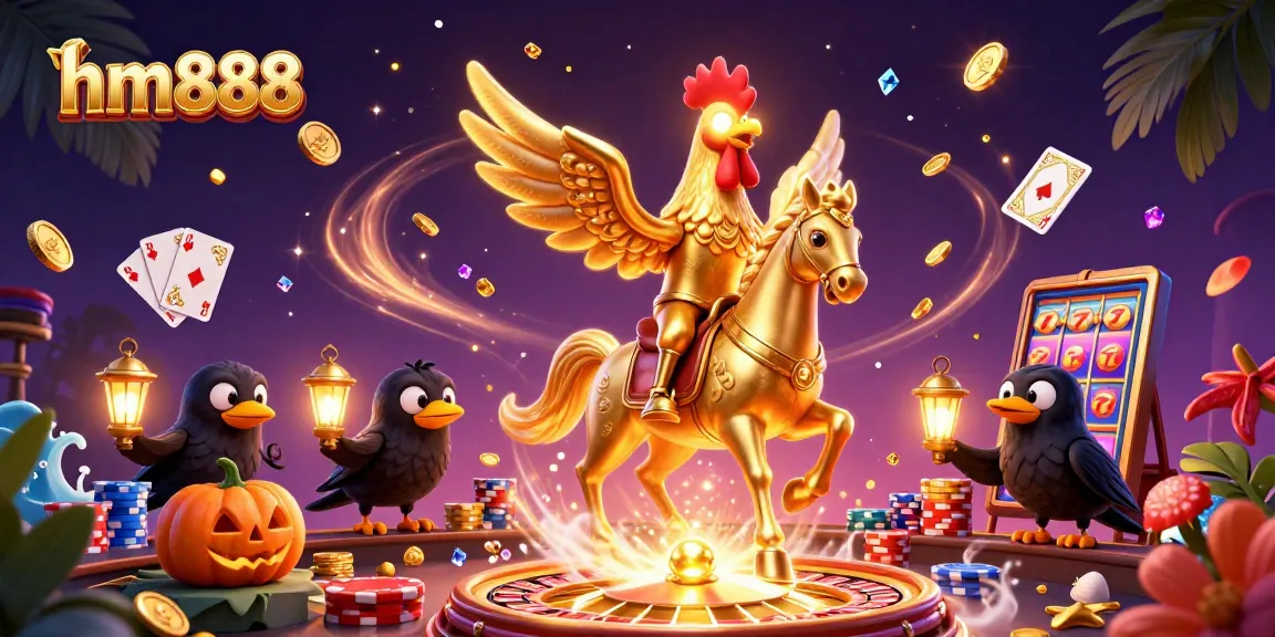 Experience the excitement of hm888 with golden rooster characters amid casino lights and treasures.