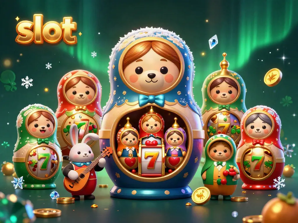 Experience exciting slot action with a cozy Matryoshka bear family and casino elements.