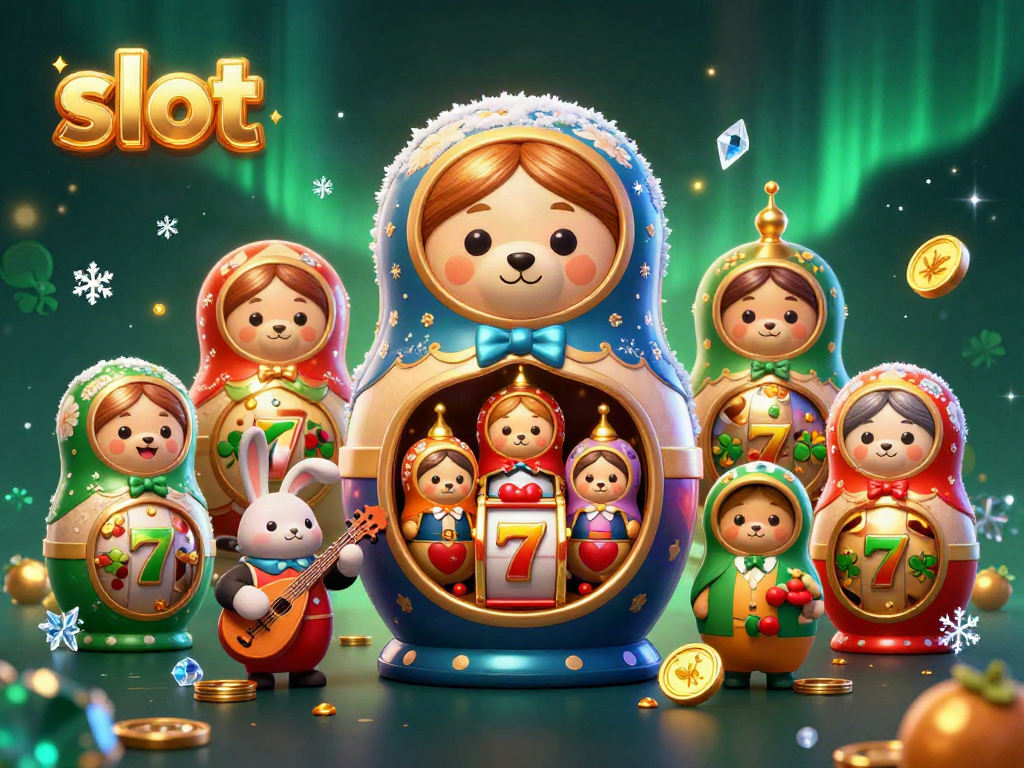 Experience exciting slot action with a cozy Matryoshka bear family and casino elements.