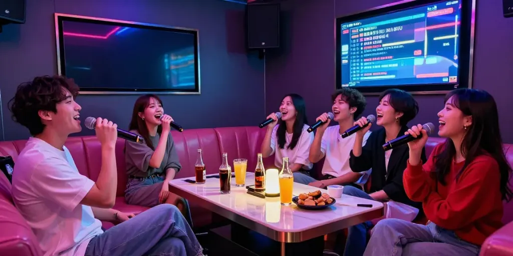 강남달토에서 친구들과 함께 즐겁게 노래하는 모습, 환상적인 분위기의 카라오케 룸