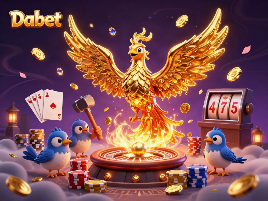 Dabet's golden phoenix symbolizes winning moments with cascading coins and roulette thrills.