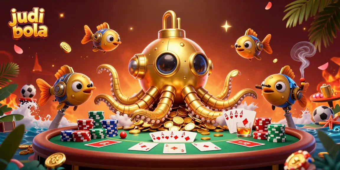 Experience exciting judi bola action with a golden kraken submarine amidst vibrant cash-filled scenes.
