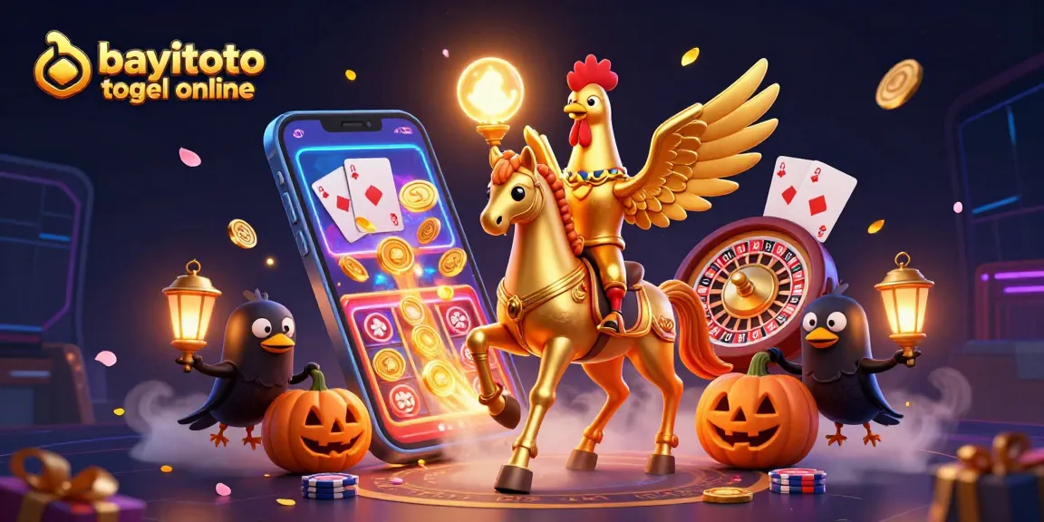 Engage in bayitoto togel online with this vibrant illustration showcasing a golden rooster and a spectral horse amidst an exciting casino.