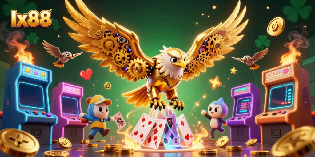 Experience the thrilling gameplay of lx88 with vibrant casino elements and an adventurous cybernetic eagle.