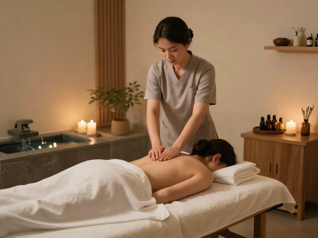 Relaxing 구로출장마사지 scene showcasing a therapist working in a serene spa environment.