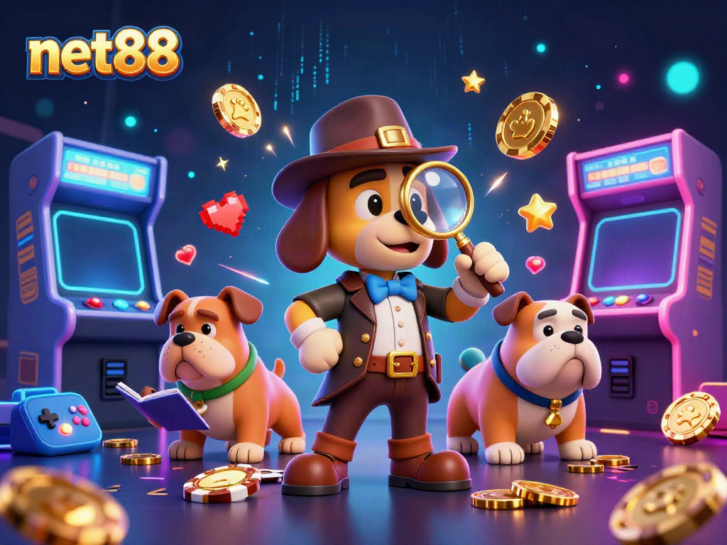 Engaging scene of net88 contrasting a detective-themed adventure with vibrant gaming elements.