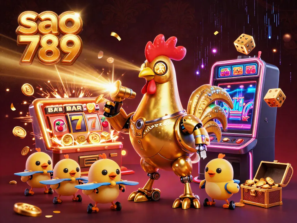 Experience thrilling gameplay with sao 789 as a golden rooster robot and baby chick drones explode in a casino adventure.