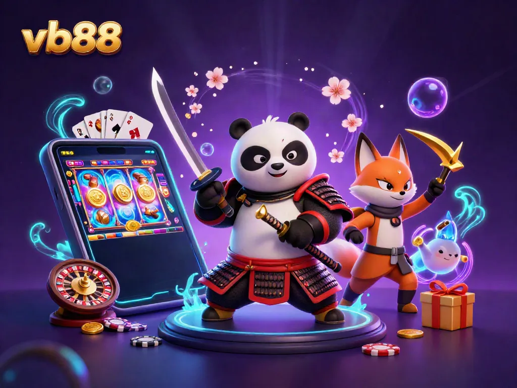 Engage in exciting slots with vb88 featuring a samurai panda and ninja fox amidst golden coins and gameplay elements.