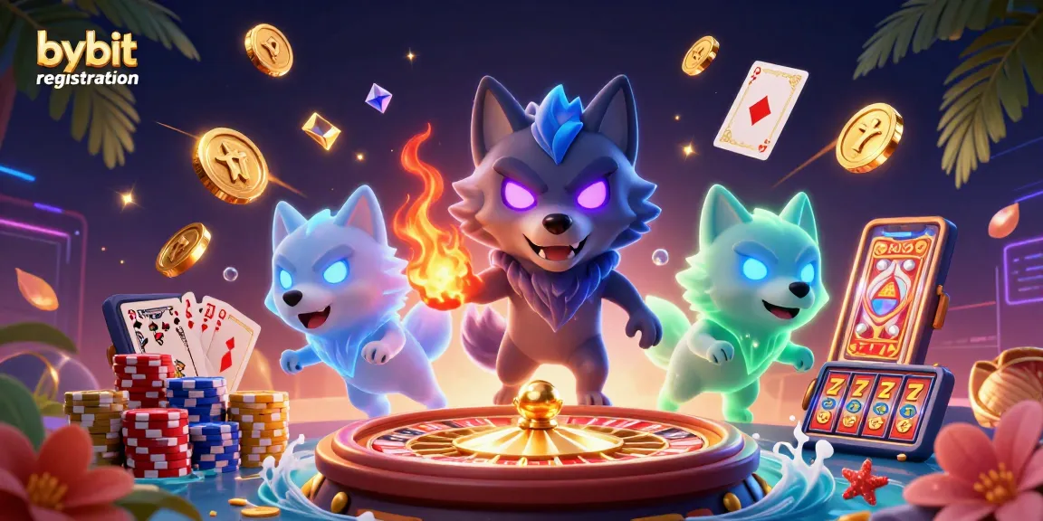 Engage in bybit registration with captivating visuals of casino elements and energetic wolves.