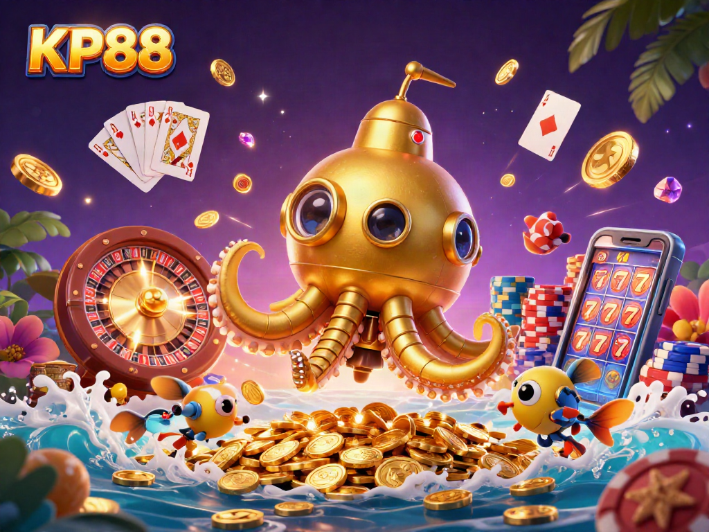 KP88 illustrates a golden kraken submarine amidst golden coins and casino elements, evoking thrilling gameplay.