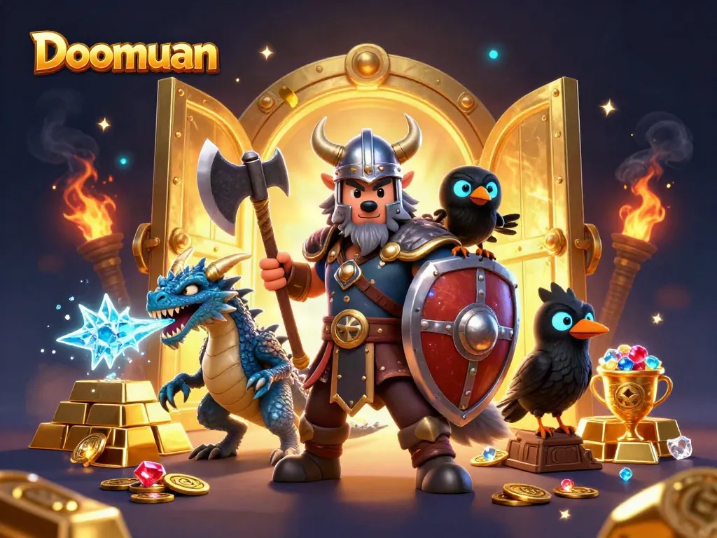 Doomuan showcases thrilling Viking warrior action surrounded by treasure and gold in a dramatic casino-themed scene.