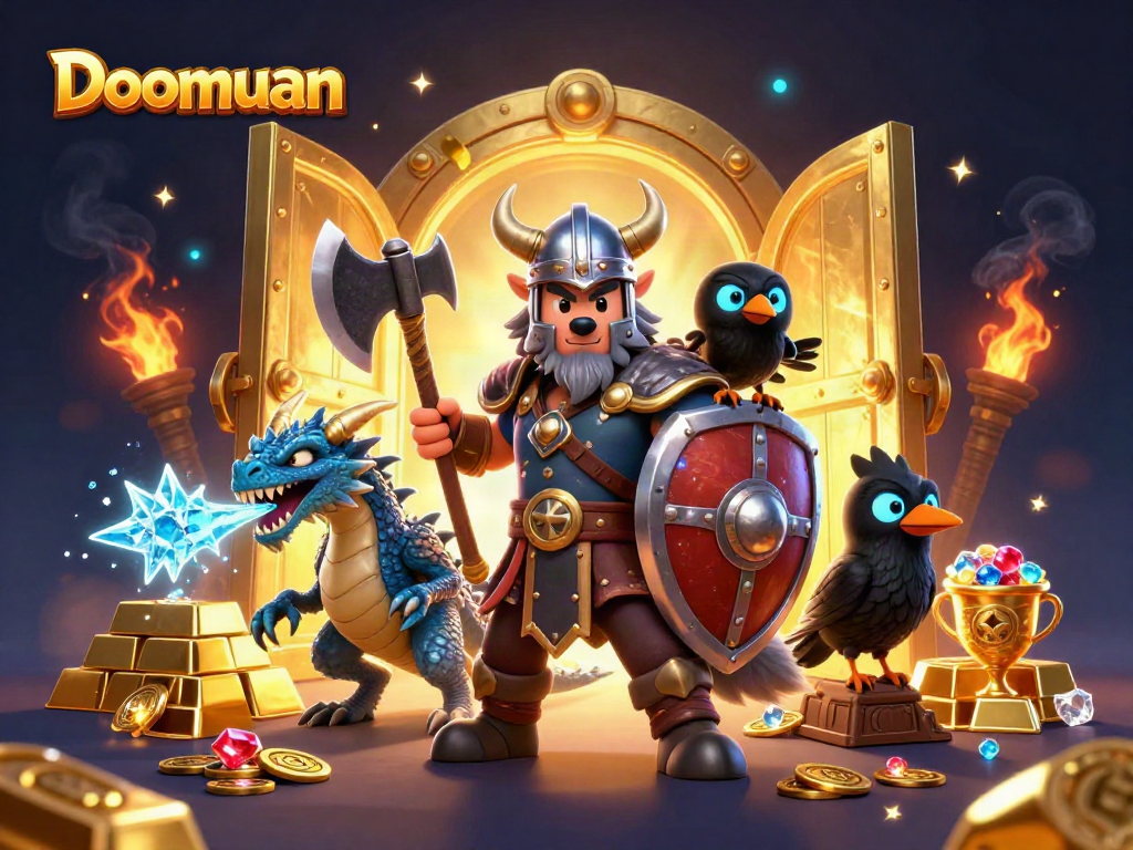 Doomuan showcases thrilling Viking warrior action surrounded by treasure and gold in a dramatic casino-themed scene.