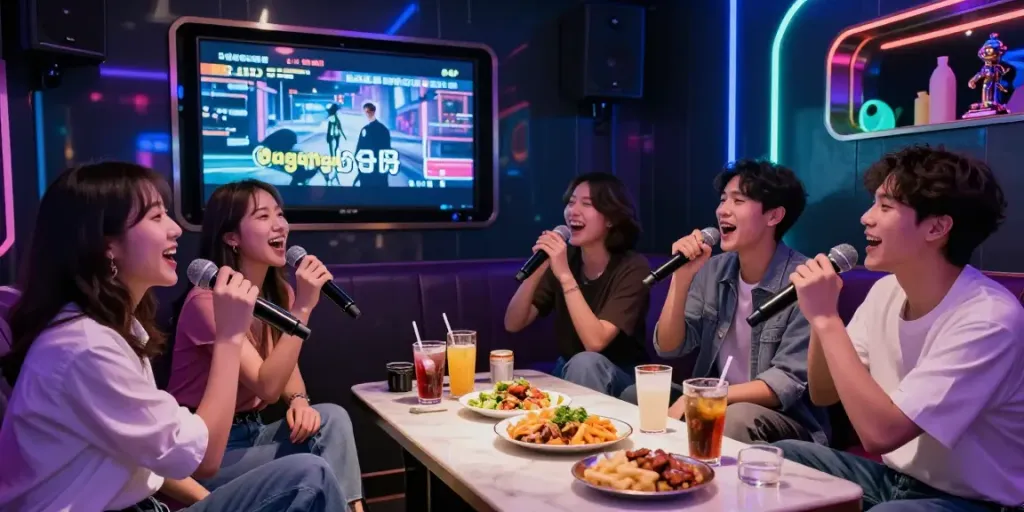 강남 달토에서 친구들과 즐거운 시간을 보내는 모습, 고급스러운 분위기와 다채로운 조명 속에서 노래를 부르는 장면