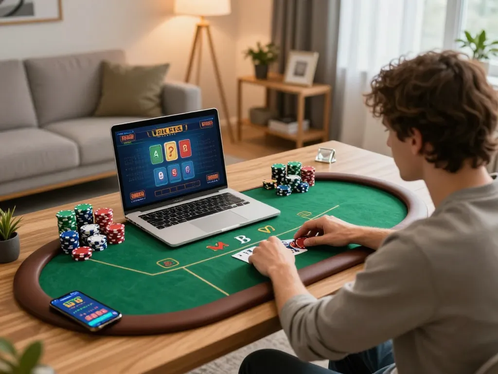 O8 players strategizing on a laptop in a cozy home office for a thrilling poker game