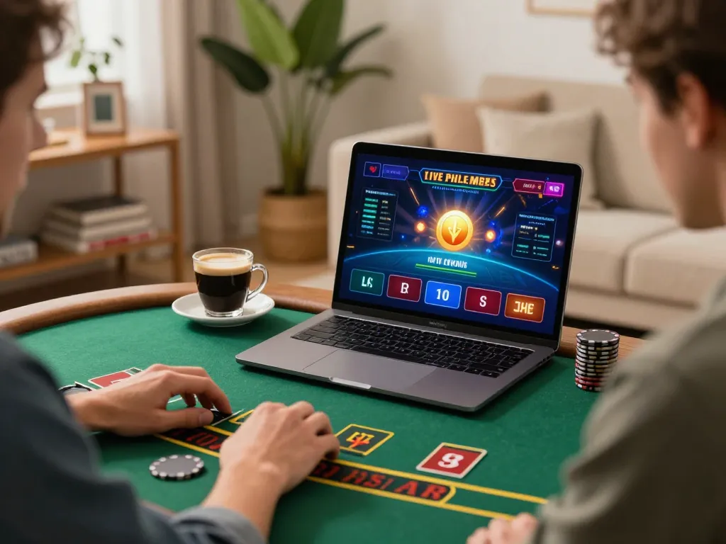 MM88 player enjoying live dealer blackjack in a cozy home setup, highlighting online gaming excitement.