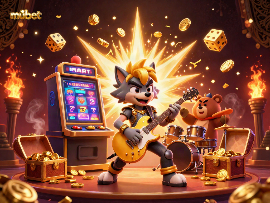 Mubet showcases a dynamic casino scene with a rock star wolf and drummer bear amidst winning jackpots.