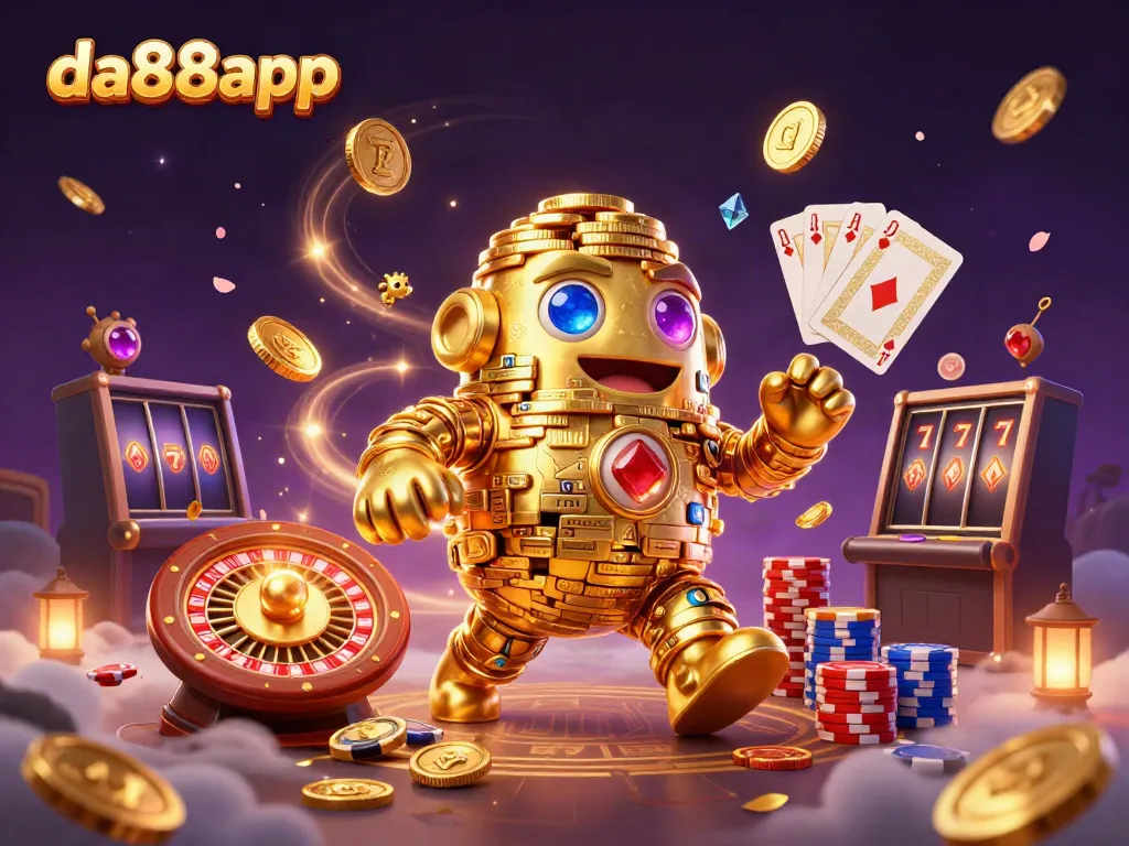 Experience the thrills of da88app with vibrant casino elements and a golden golem of fortune.