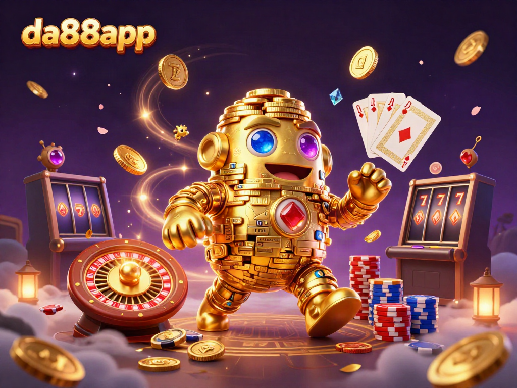 Experience the thrills of da88app with vibrant casino elements and a golden golem of fortune.