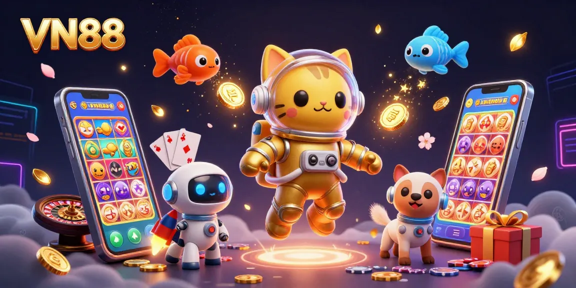 Engage in thrilling gaming at VN88, with 3D animated characters enjoying vibrant slots and poker action.