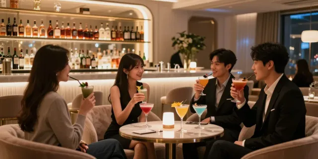강남세이렌 쩜오에서 화려한 분위기 속 다양한 칵테일을 즐기는 젊은 고객들