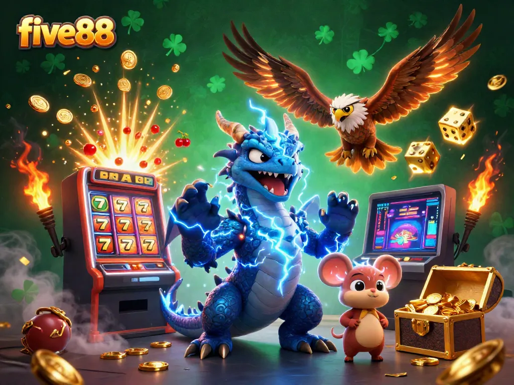 Experience the excitement of five88 with vibrant casino-themed characters and dynamic game elements.