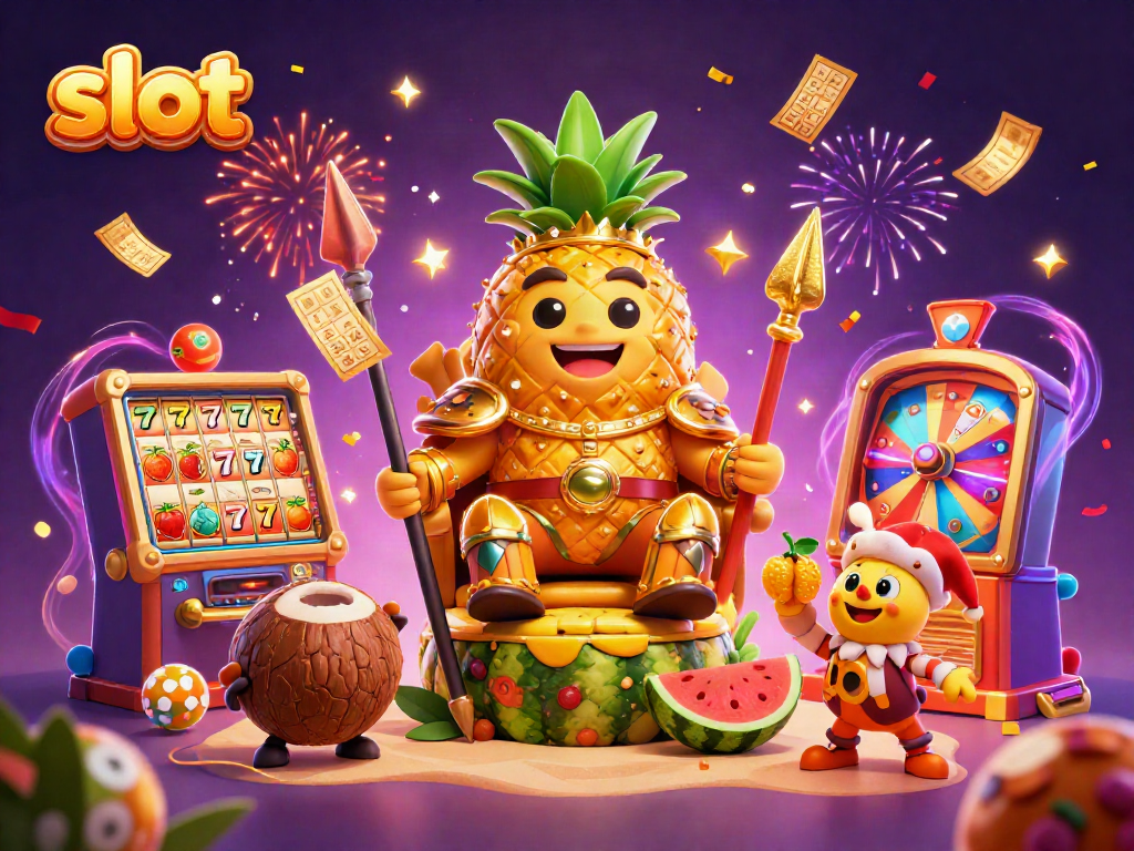 Engaging slot-themed 3D scene with a pineapple king and vibrant casino elements
