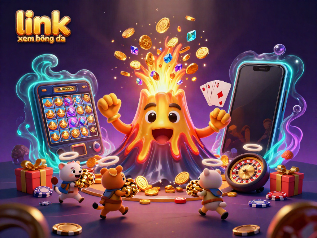 Witness the excitement of link xem bóng đá as treasure erupts from a golden volcano amidst vibrant casino scenes.
