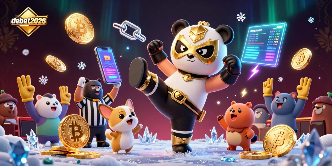 Experience debet2026 action with a panda and chihuahua amidst glowing crypto symbols in an energetic casino scene.
