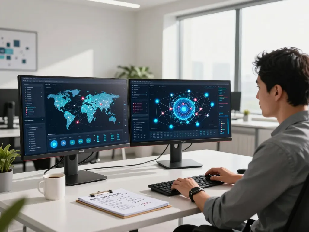 快连 network optimization workspace with multiple monitors and sleek design.