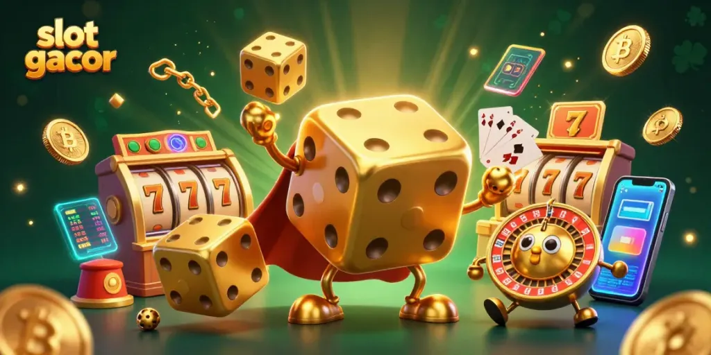 Experience immersive slot gacor excitement with dynamic golden dice characters and vibrant game elements.