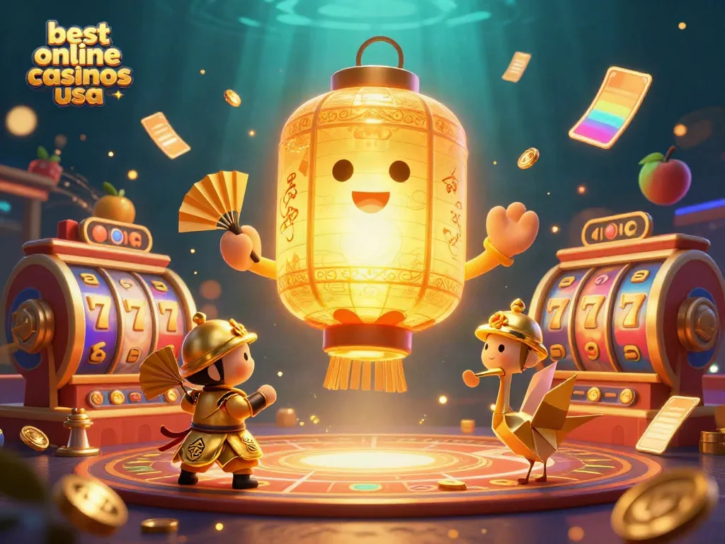 Experience a captivating 3D scene showcasing the best online casinos usa with animated golden lanterns and vibrant casino elements.