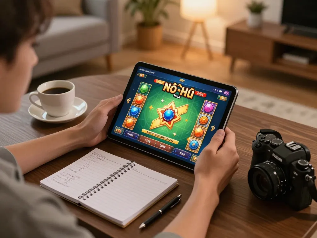Nổ Hũ online gameplay on a tablet in a cozy living room, showcasing betting strategy notes.