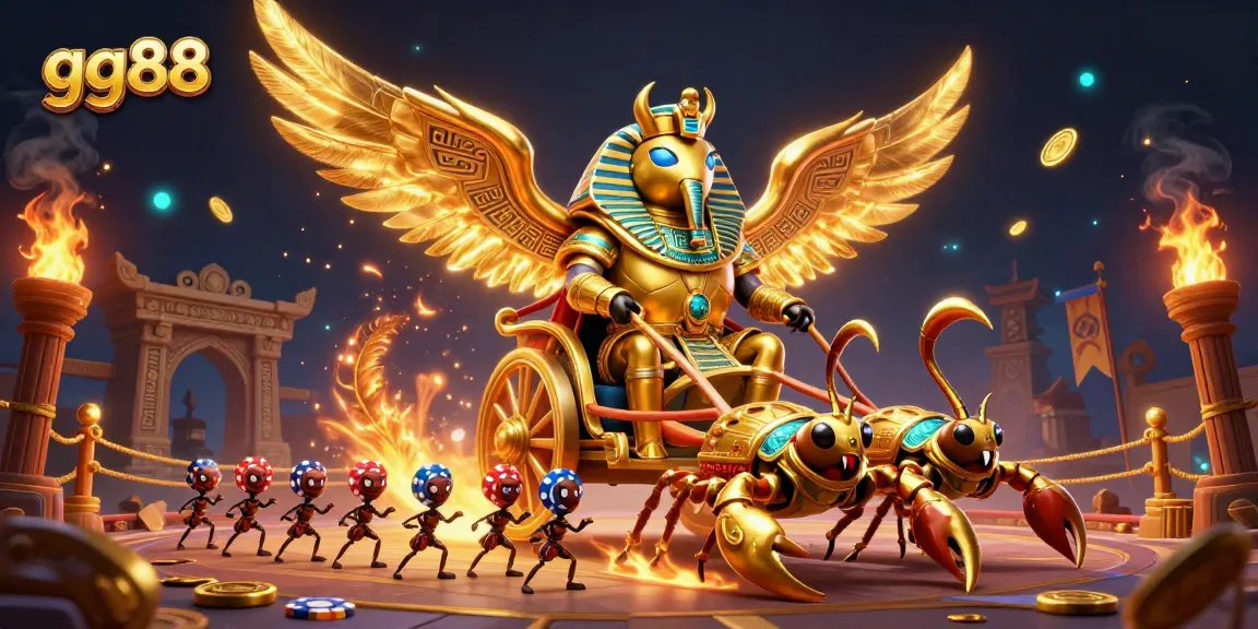Experience excitement at gg88 with a colossal beetle chariot amidst gold coins and fervent gambling action.