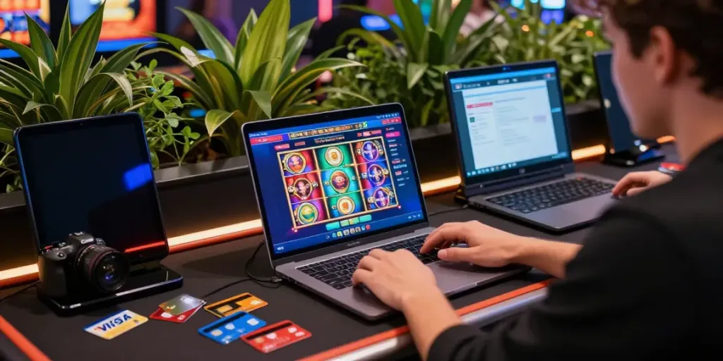 Player enjoying casinos that accept credit cards at a digital gaming desk with vibrant slot games.