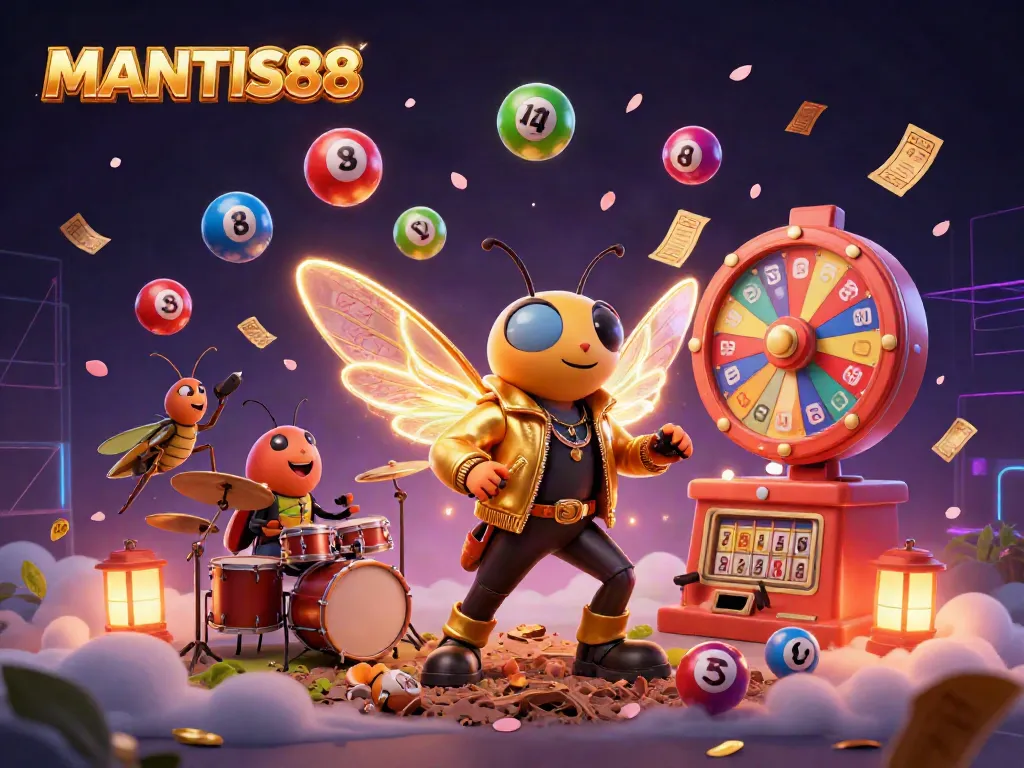 MANTIS88 captivates players with a vibrant scene of a cicada rock star and gaming elements celebrating big wins.