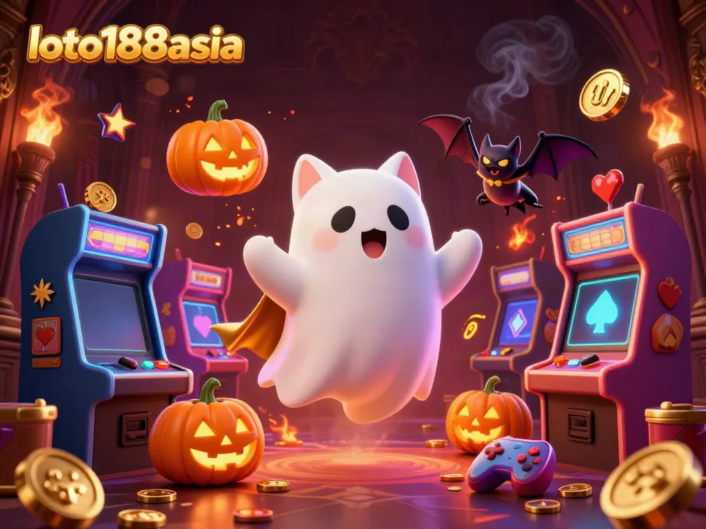 Experience the enchanting atmosphere of loto188asia with a ghost cat, bat, and glowing casino elements.