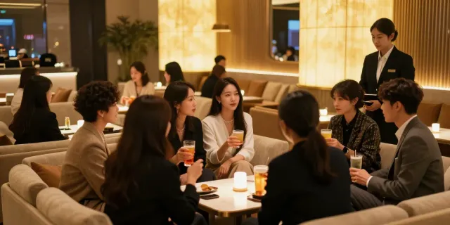 강남타이밍의 고급스러운 유흥 공간에서 대화하는 사람들