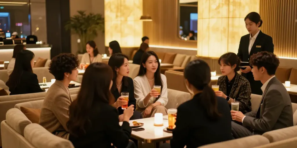 강남타이밍의 고급스러운 유흥 공간에서 대화하는 사람들