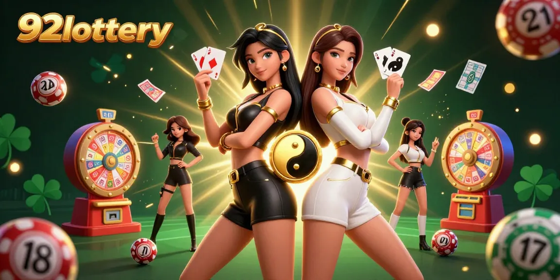 Win big with 92lottery as twin women showcase exciting lottery games in a vibrant scene.