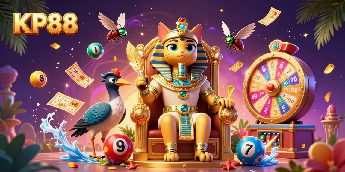 Experience KP88’s vibrant lottery scene with an Egyptian pharaoh cat and flying lottery balls.