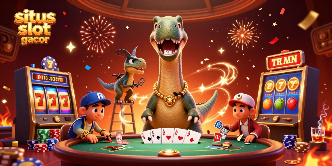 Experience the excitement of situs slot gacor with a vibrant casino scene featuring a giant brontosaurus.