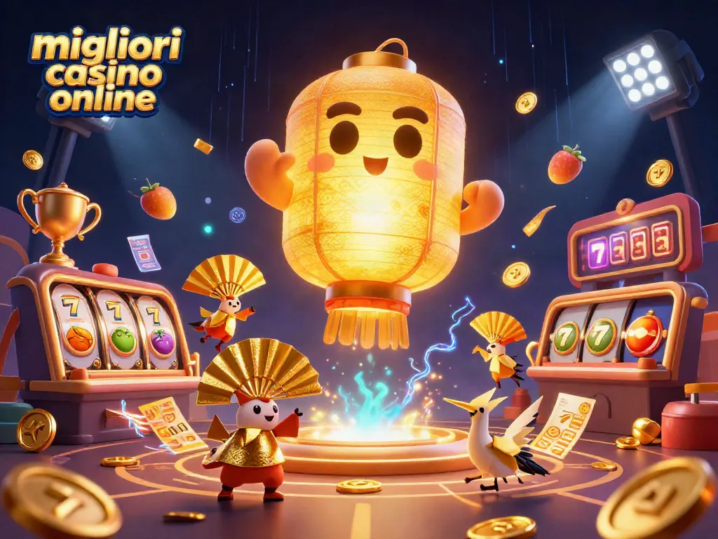 Migliori casino online con simboli fortunati, spille d'azzardo e dettagli dorati in una scena vibrante e animata.