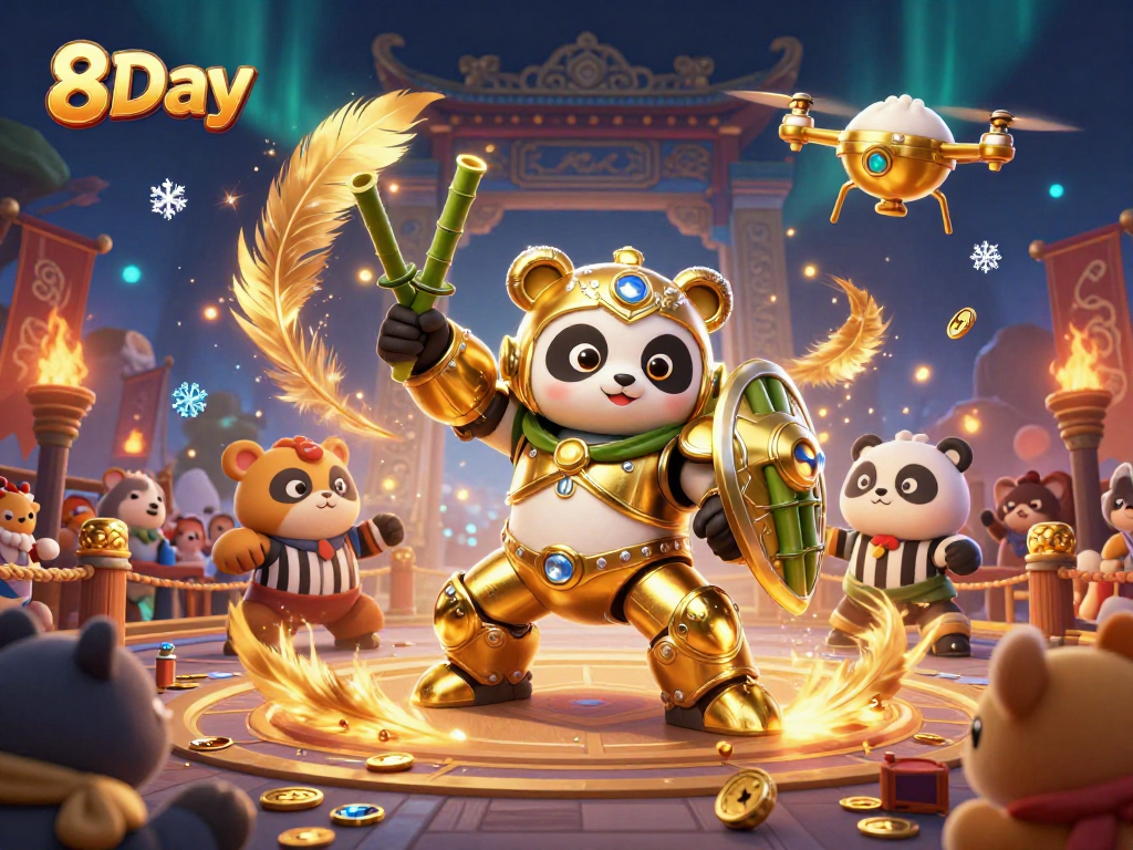 8Day features an exciting 3D casino battle scene with a golden panda and robot warriors.