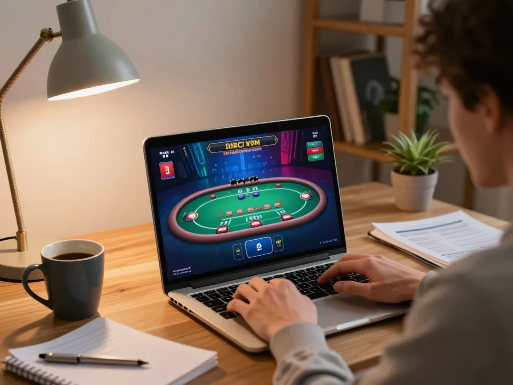 Play poker online at home with sunwin, focusing on an engaging laptop interface.