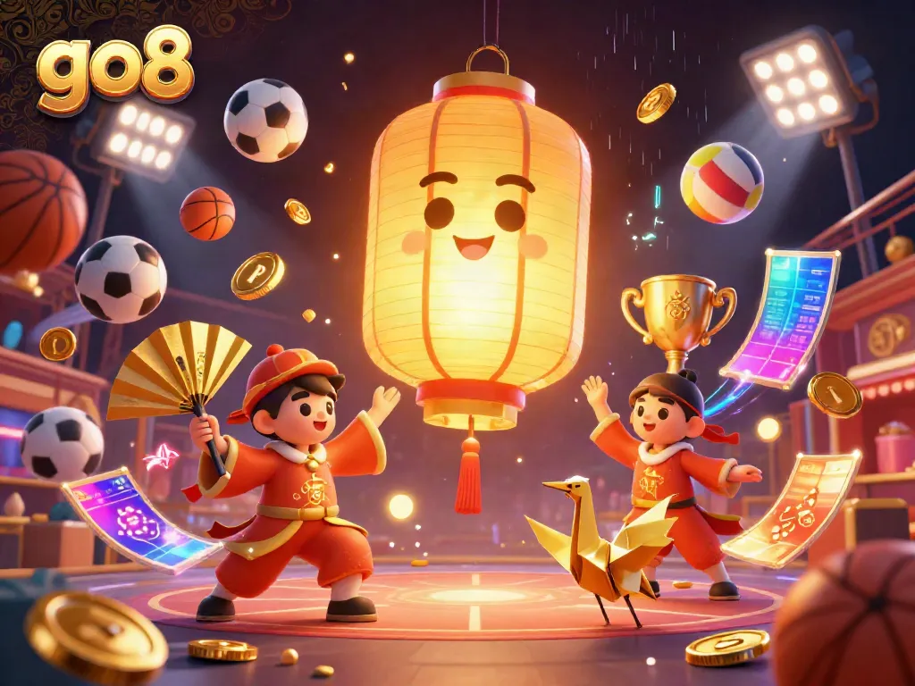Engage with exciting go8 gambling adventures in a vibrant casino atmosphere featuring golden lantern spirits and sports balls.