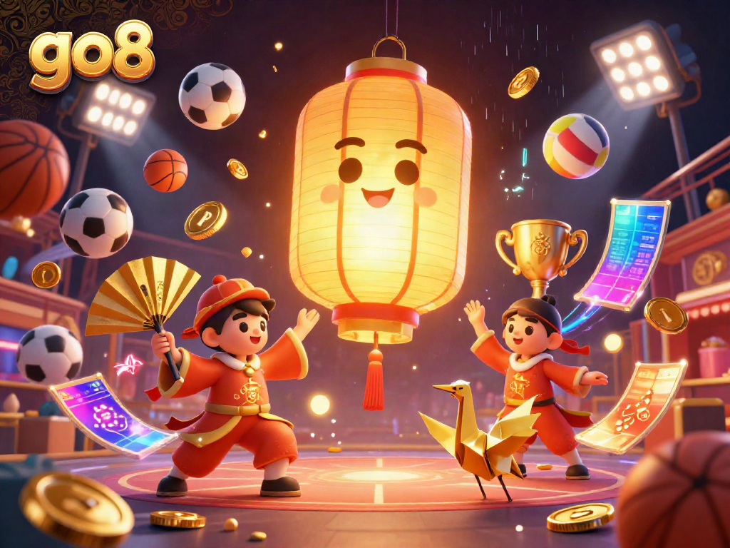 Engage with exciting go8 gambling adventures in a vibrant casino atmosphere featuring golden lantern spirits and sports balls.