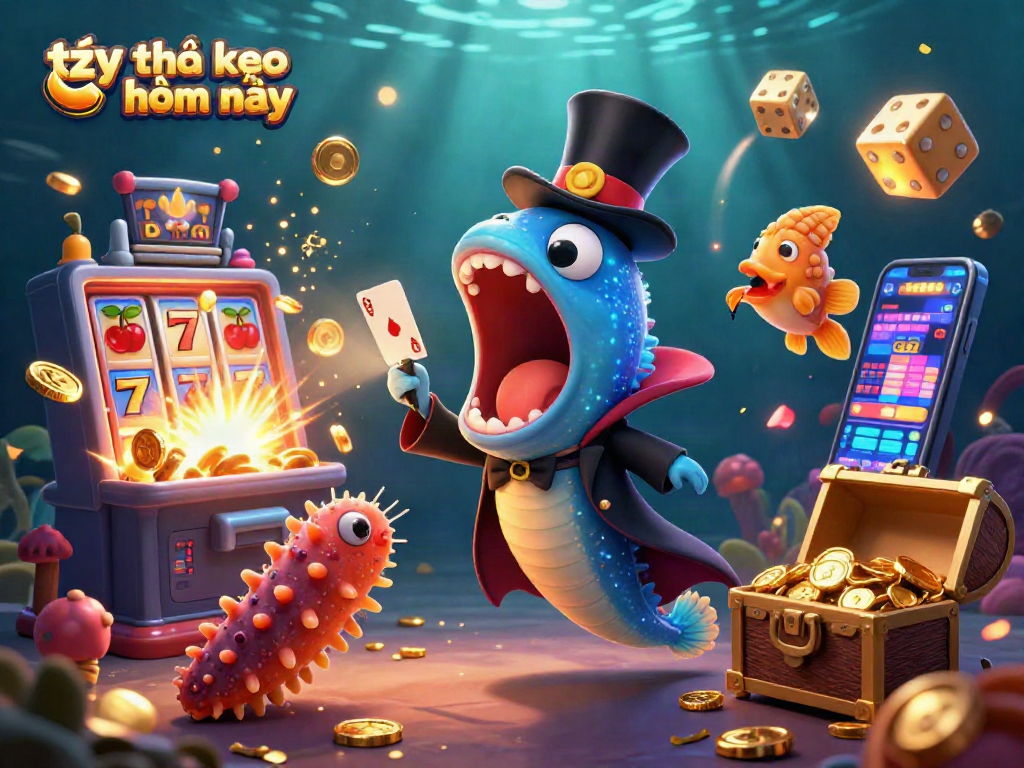 Tỷ lệ kèo nhà cái hôm nay showcased in a vibrant 3D casino scene with bioluminescent creatures.