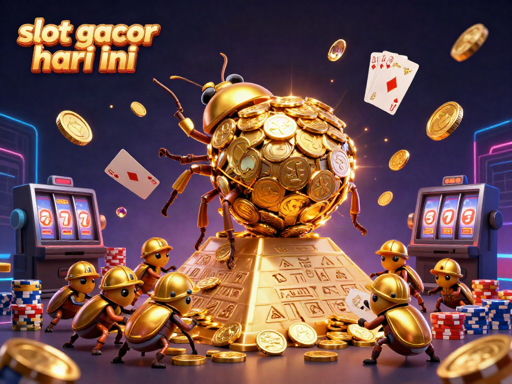 Engage with slot gacor hari ini as golden beetles carry coins, while casino symbols sparkle around.