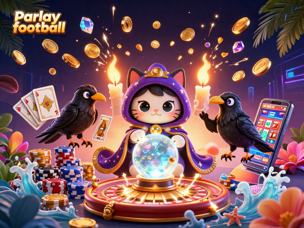 Experience excitement with parlay football bets in a vibrant casino scene featuring mystical elements.