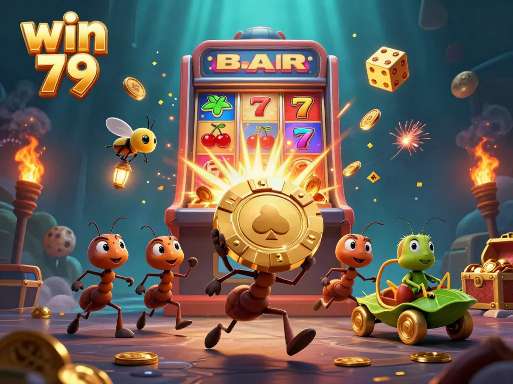 Engage in thrilling gameplay with win 79 as ants carry a massive poker chip, surrounded by casino elements.
